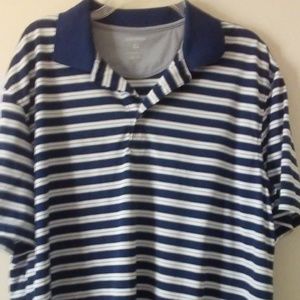 Mens Polo Shirt XL Short Sleeve Blue White Striped Golf Shirt Polyester Silky
